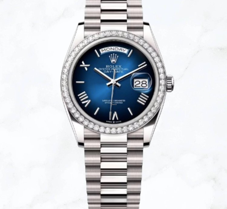 Rolex Day-date 36 White Gold Blue Ombr Roman Dial 128349rbr new Unworn