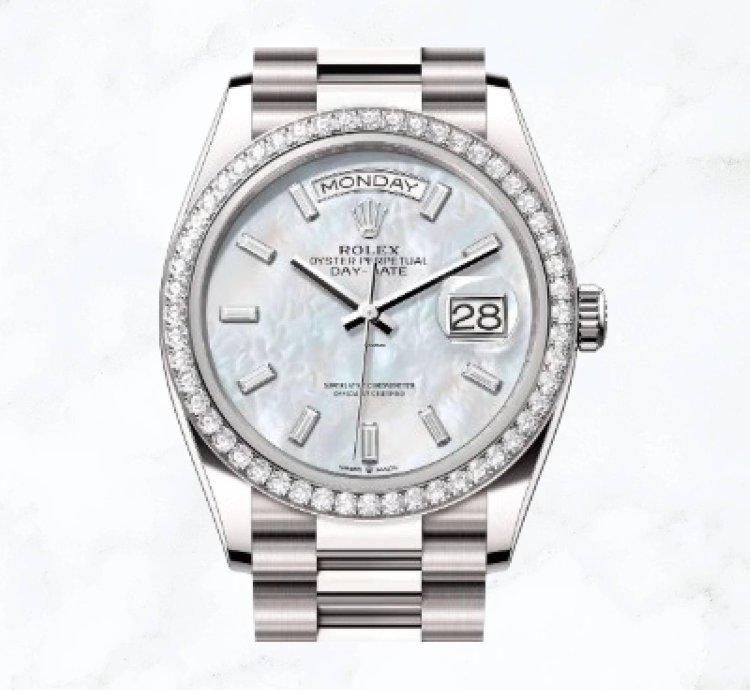 Rolex Day-date 36 White Gold Mother Of Pearl Baguette Dial 128349rbr new Unworn