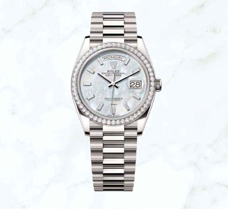 Rolex Day-date 36 White Gold Mother Of Pearl Baguette Dial 128349rbr new Unworn