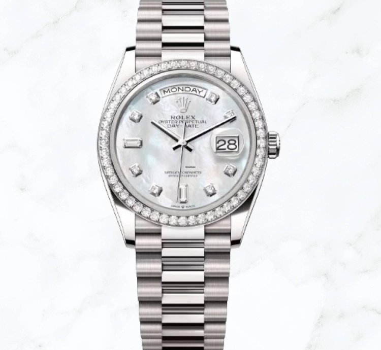 Rolex Day-date 36 White Gold Mother Of Pearl Diamond Dial 128349rbr new Unworn