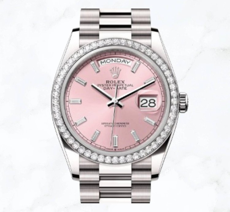 Rolex Day-date 36 White Gold Pink Baguette Dial 128349rbr new Unworn