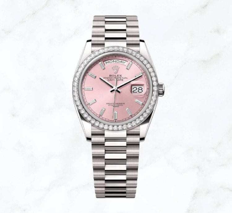 Rolex Day-date 36 White Gold Pink Baguette Dial 128349rbr new Unworn