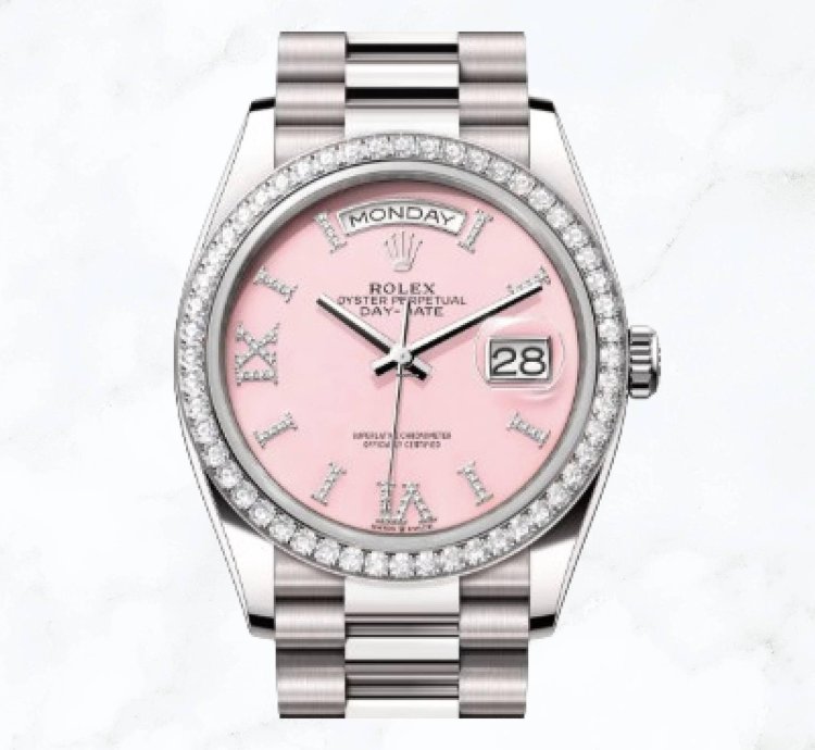 Rolex Day-date 36 White Gold Pink Roman Diamond Dial 128349rbr new Unworn