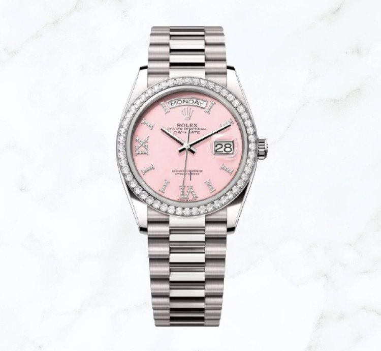 Rolex Day-date 36 White Gold Pink Roman Diamond Dial 128349rbr new Unworn