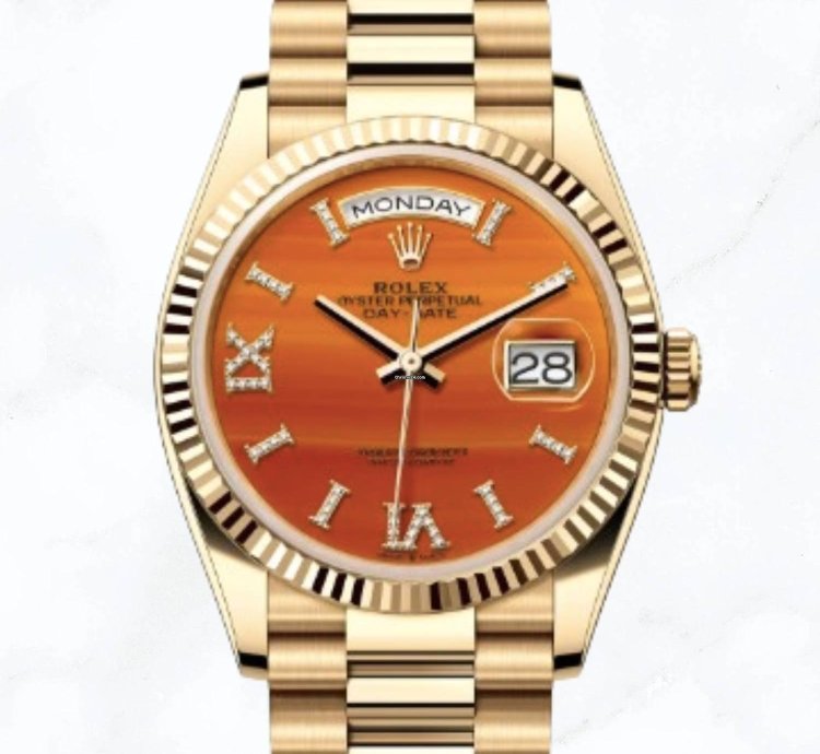 Rolex Day-date 36 Yellow Gold Carnelian Diamond Dial new Unworn