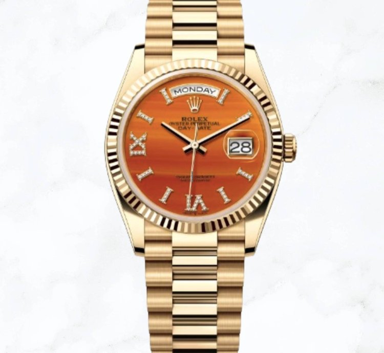 Rolex Day-date 36 Yellow Gold Carnelian Diamond Dial new Unworn