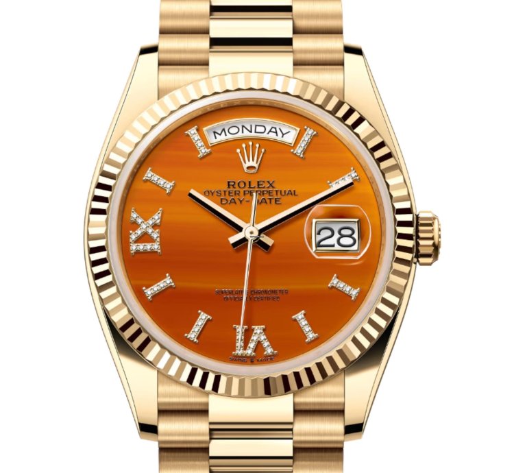 Rolex Day-date 36 Yellow Gold Carnelian With Diamonds Dial 128238 Unworn Full Set