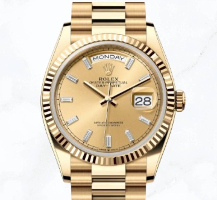 Rolex Day-date 36 Yellow Gold Champagne Baguette Diamond Dial new Unworn