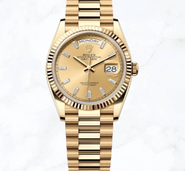 Rolex Day-date 36 Yellow Gold Champagne Baguette Diamond Dial new Unworn