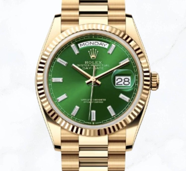 Rolex Day-date 36 Yellow Gold Green Baguette Diamond Dial 128238 new Unworn