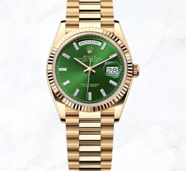 Rolex Day-date 36 Yellow Gold Green Baguette Diamond Dial 128238 new Unworn