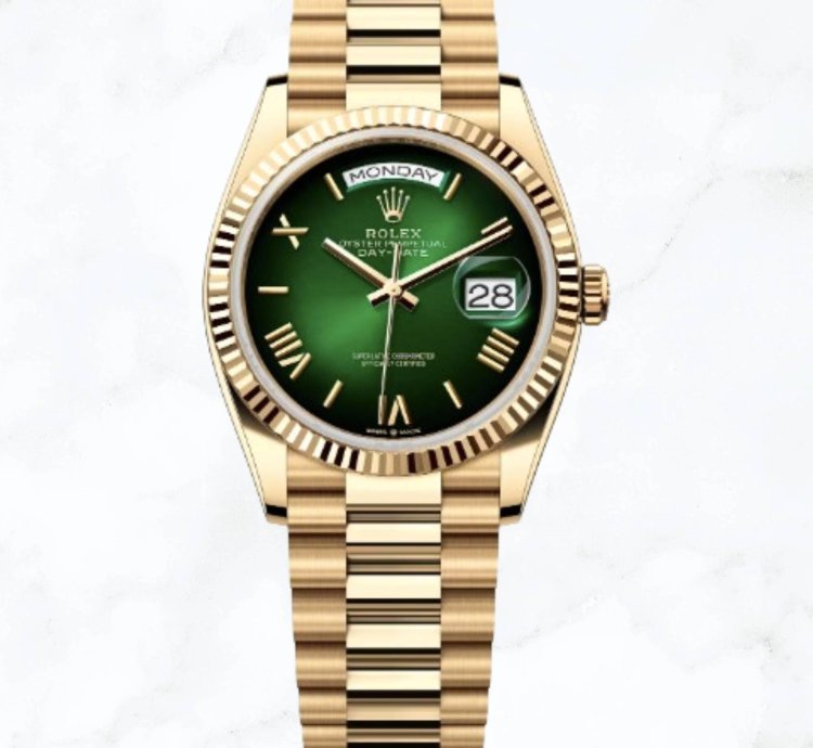 Rolex Day-date 36 Yellow Gold Green Ombr Dial new Unworn