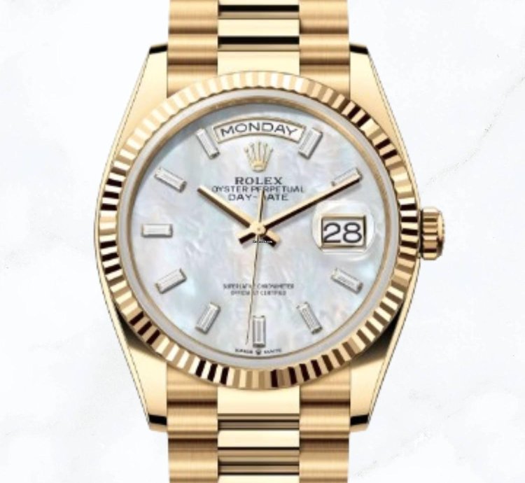 Rolex Day-date 36 Yellow Gold Mother Of Pearl Baguette Diamond Dial 128238 new Unworn