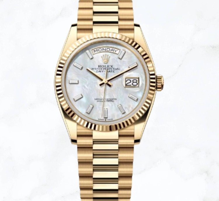 Rolex Day-date 36 Yellow Gold Mother Of Pearl Baguette Diamond Dial 128238 new Unworn