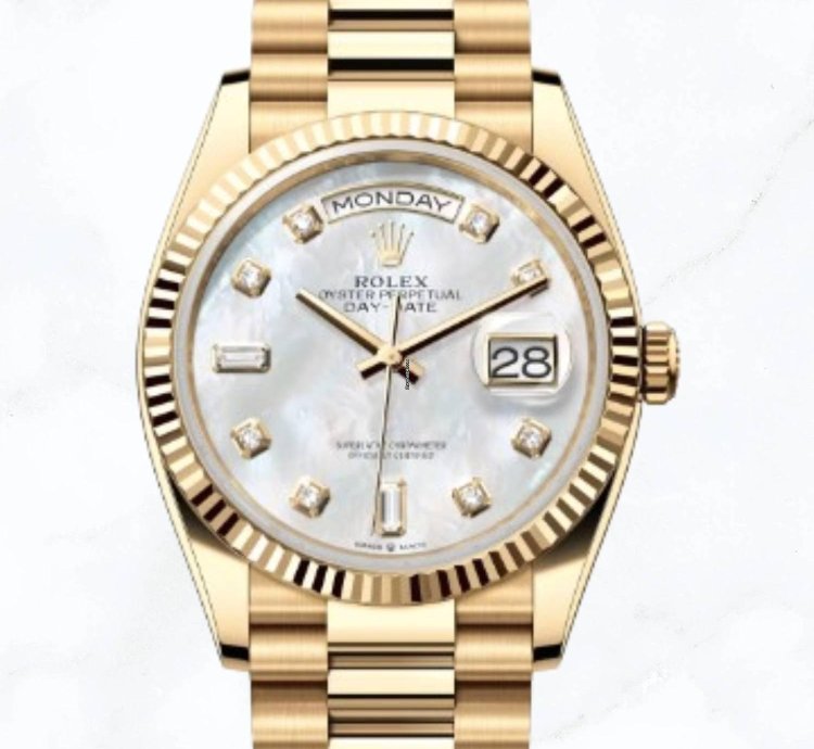 Rolex Day-date 36 Yellow Gold Mother Of Pearl Diamond Dial 128238 new Unworn