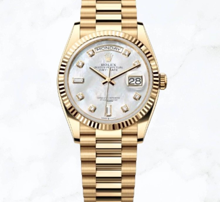 Rolex Day-date 36 Yellow Gold Mother Of Pearl Diamond Dial 128238 new Unworn
