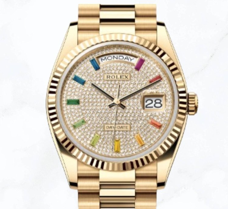 Rolex Day-date 36 Yellow Gold Rainbow Diamond Dial 128238 new Unworn