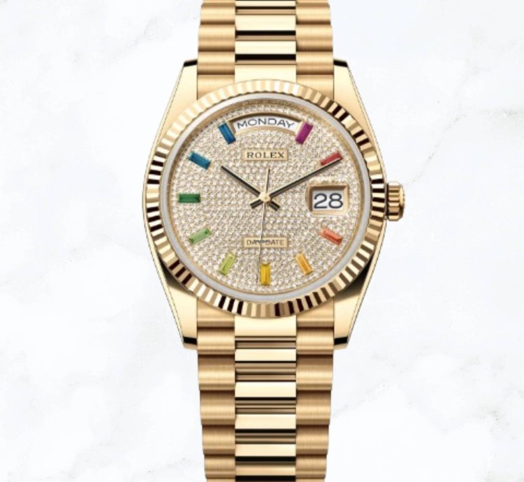 Rolex Day-date 36 Yellow Gold Rainbow Diamond Dial 128238 new Unworn