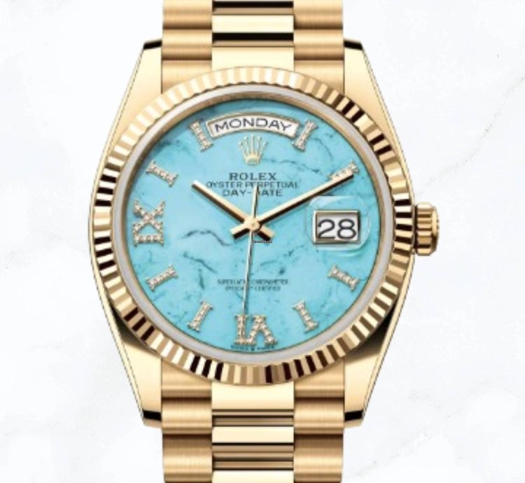 Rolex Day-date 36 Yellow Gold Turquoise Diamond Dial 128238 new Unworn