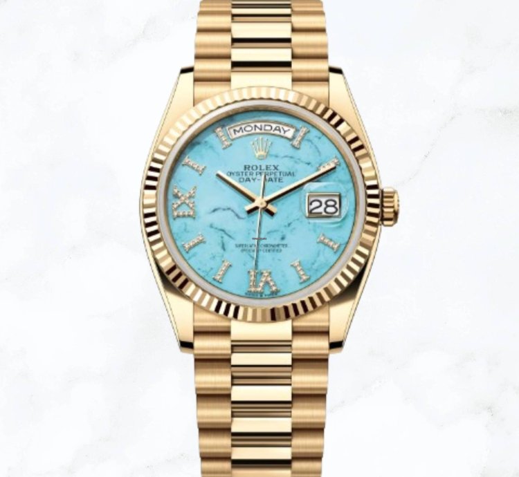 Rolex Day-date 36 Yellow Gold Turquoise Diamond Dial 128238 new Unworn