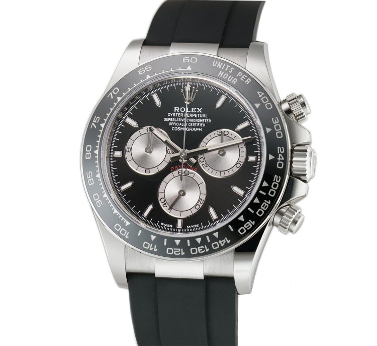 Rolex Daytona 40mm 18k White Gold Ceramic Bezel Black Dial Oysterflex Caliber 4131