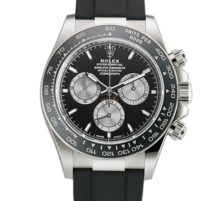 Rolex Daytona 40mm 18k White Gold Ceramic Bezel Black Dial Oysterflex Caliber 4131