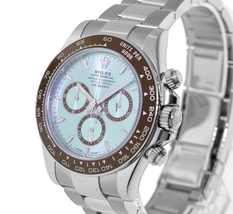 Rolex Daytona 40mm Platinum Ice Blue Index Dial Brown Bezel 126506