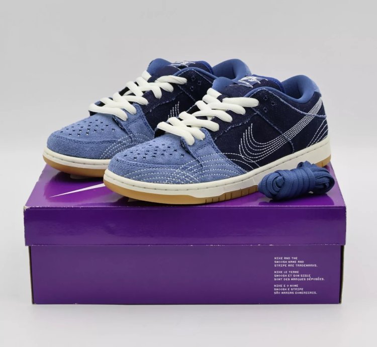Cv0316-400 Nike Sb Dunk Low Sashiko Denim Gum Mystic Navy Light Brown