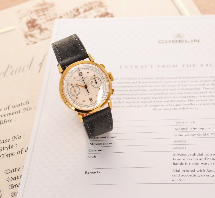 Patek Philippe Chronograph Yellow Gold Chronograph Ref 1579 Retailed By Gubelin In Extraordinary Condition