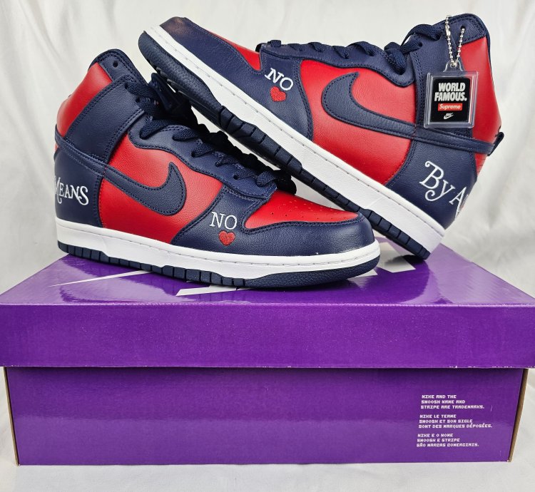 Supreme Nike Sb Dunk High By Any Means Navy Red Men