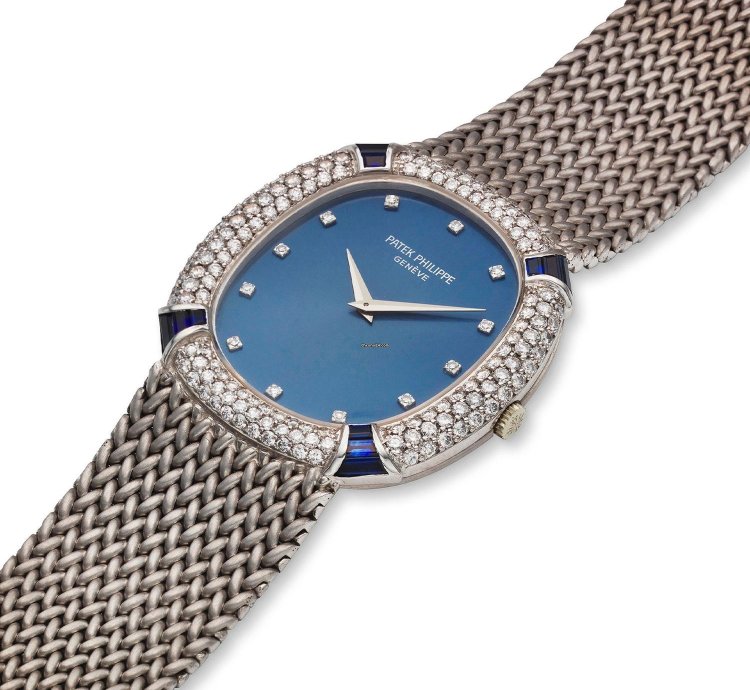 Patek Philippe Golden Ellipse White Gold Diamond And Sapphire Ellipse Bracelet Watch