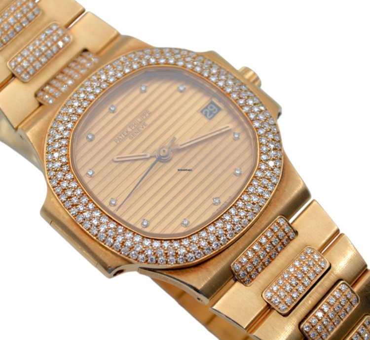 Patek Philippe Nautilus 37 5mm Yellow Gold Diamond Paved Vintage 1983 Ref 3800 5