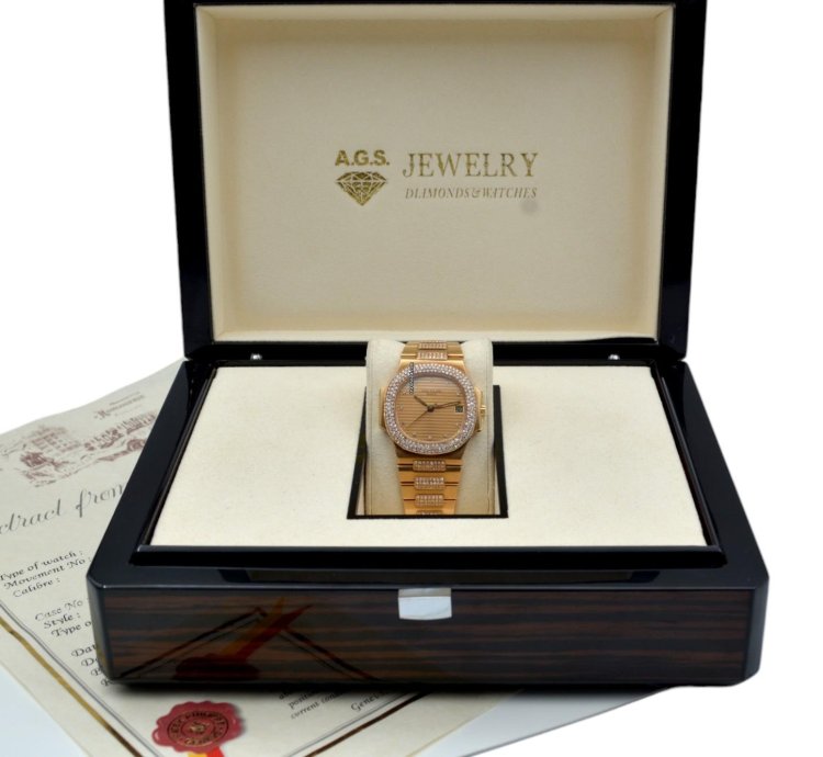 Patek Philippe Nautilus 37 5mm Yellow Gold Diamond Paved Vintage 1983 Ref 3800 5