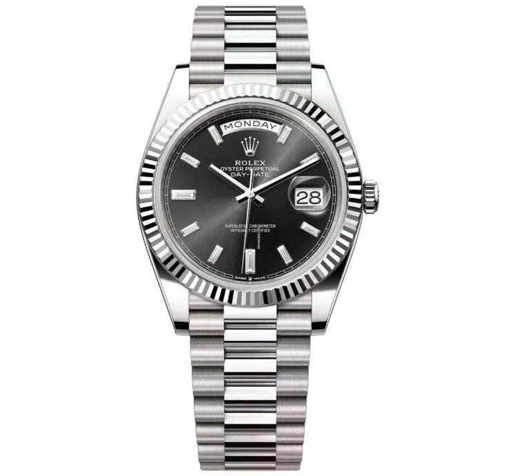 Rolex Day-date 40 228239-0005 White Gold Watch Fluted Bezel Black Baguette Diamond Dial President Bracelet 2024