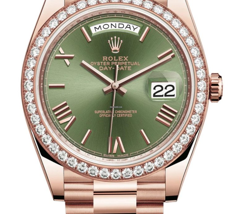 Rolex Day-date 40 228345rbr Day-date Rose Gold Factory Diamond Bezel Green Roman Dial 40mm