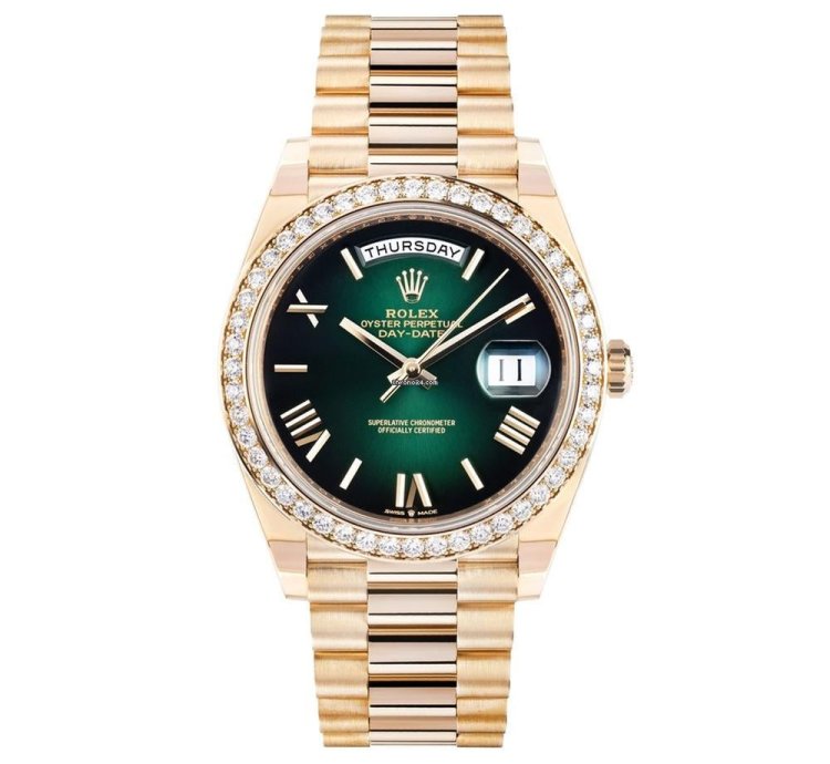 Rolex Day-date 40 228348rbr 18k Yellow Gold Diamond Bezel Green Roman Dial 40 Mm