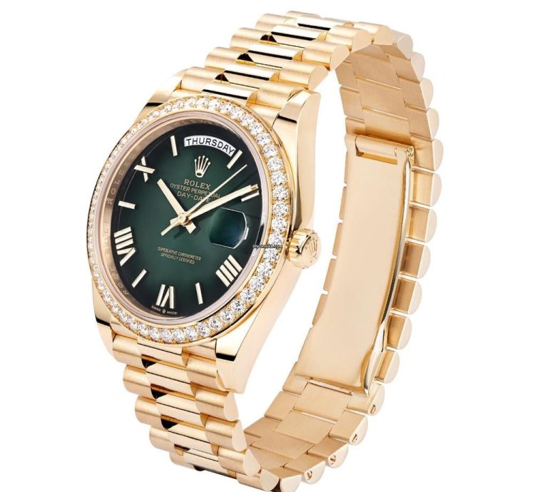 Rolex Day-date 40 228348rbr 18k Yellow Gold Diamond Bezel Green Roman Dial 40 Mm