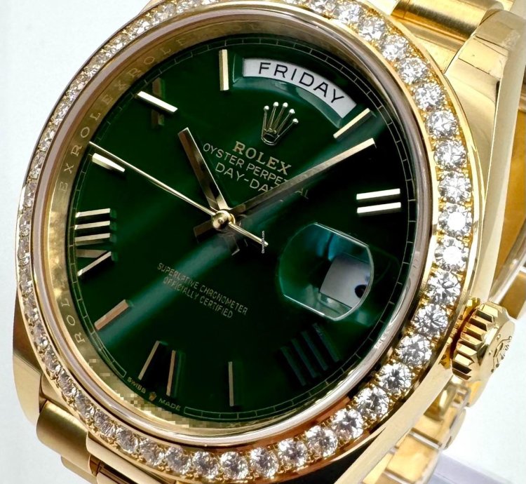 Rolex Day-date 40 228348rbr 40mm Yellow Gold Green Roman Dial Diamond Bezel Unworn 2024