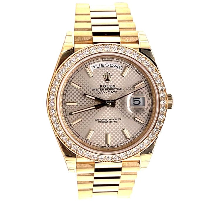 Rolex Day-date 40 228348rbr President 18k Yellow Gold Diamond Bezel Silver Motif Dial Unworn