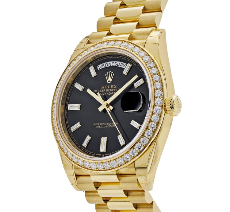Rolex Day-date 40 228348rbr Yellow Gold Black Diamond Dial Diamond Bezel