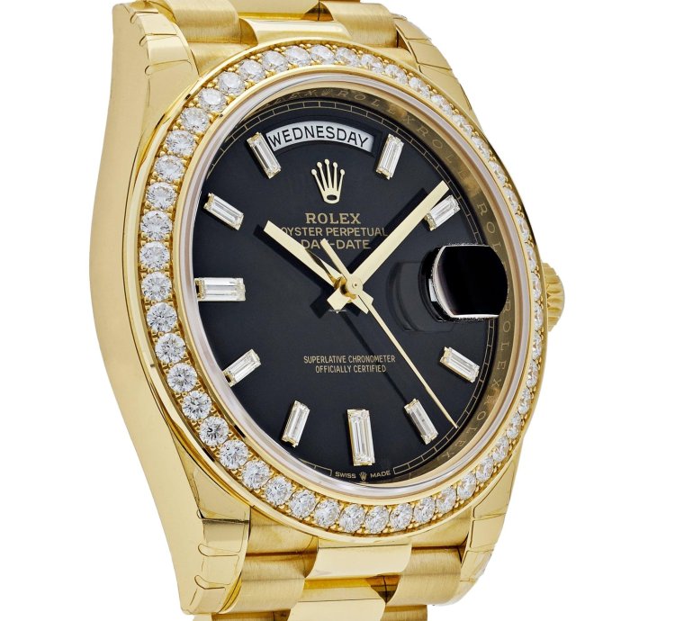 Rolex Day-date 40 228348rbr Yellow Gold Black Diamond Dial Diamond Bezel