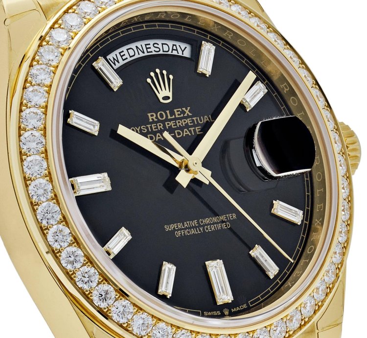 Rolex Day-date 40 228348rbr Yellow Gold Black Diamond Dial Diamond Bezel