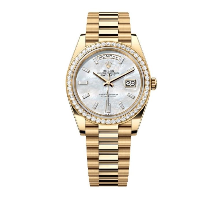 Rolex Day-date 40 228348rbr Yellow Gold Diamond Bezel Baguette Mother Of Pearl Dial