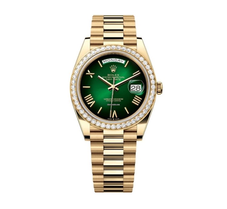Rolex Day-date 40 228348rbr Yellow Gold Green Ombre Roman Numeral Dial Diamond Bezel