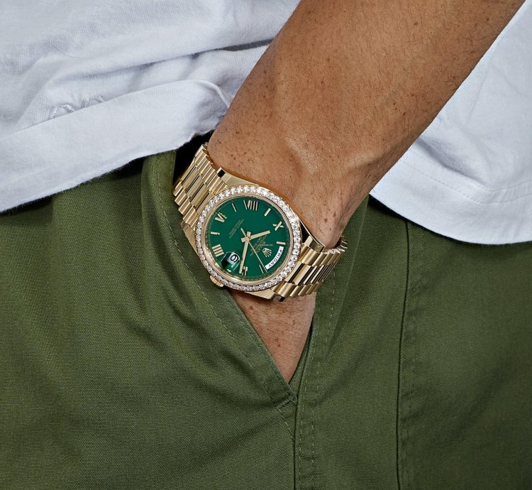 Rolex Day-date 40 228348rbr Yellow Gold Green Roman Numeral Dial Diamond Bezel 2024