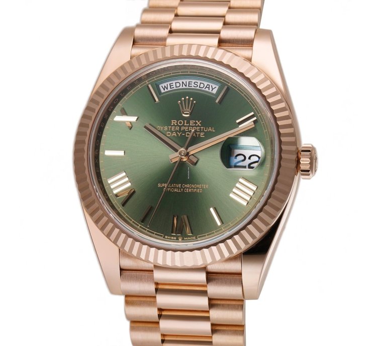 Rolex Day-date 40 40mm 18k Everose Gold On Presidential Bracelet Olive Green Dial