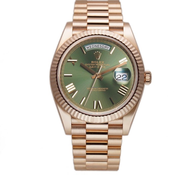 Rolex Day-date 40 40mm 18k Everose Gold On Presidential Bracelet Olive Green Dial