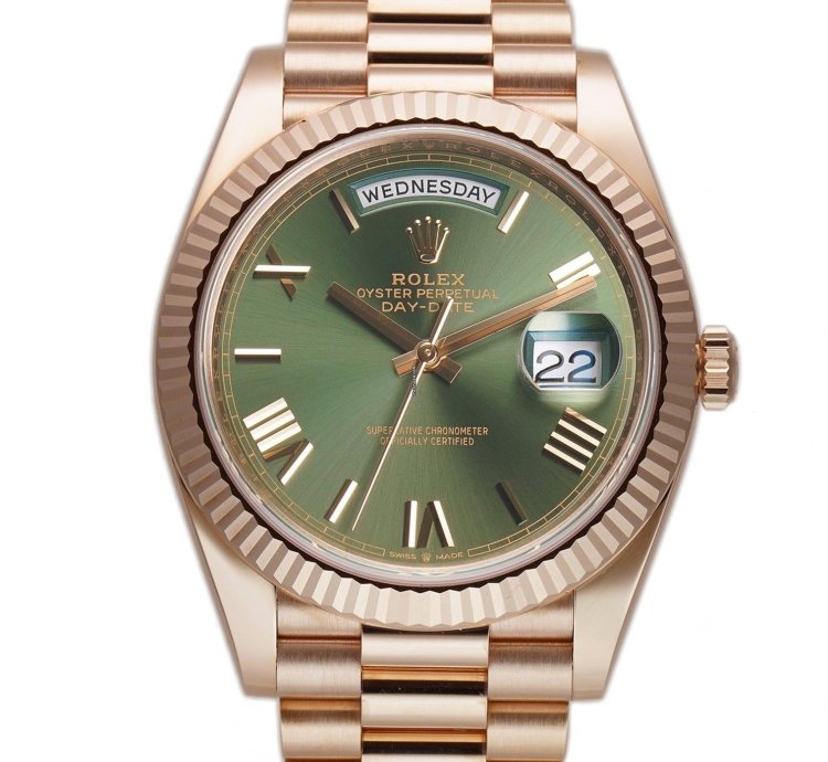 Rolex Day-date 40 40mm 18k Everose Gold On Presidential Bracelet Olive Green Dial