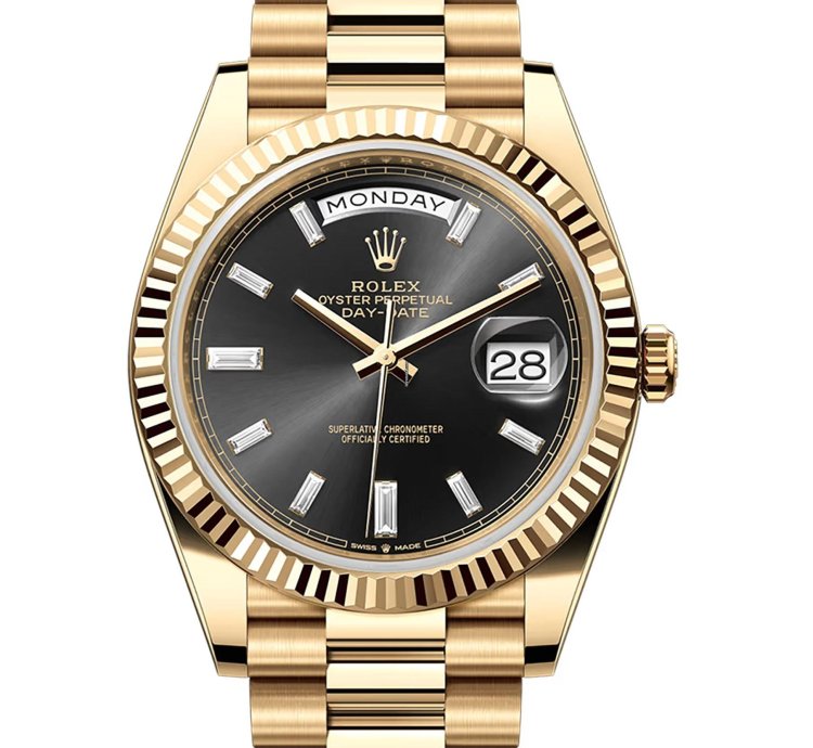 Rolex Day-date 40 40mm 18k Yellow Gold President Black Baguette Diamond Dial