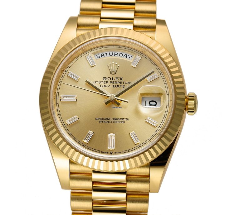 Rolex Day-date 40 40mm 18k Yellow Gold President Champagne Baguette Diamond Dial
